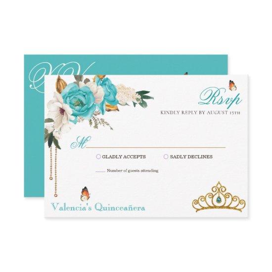 Turquoise Roses Gold Gemstone Tiara Quinceanera RSVP Card