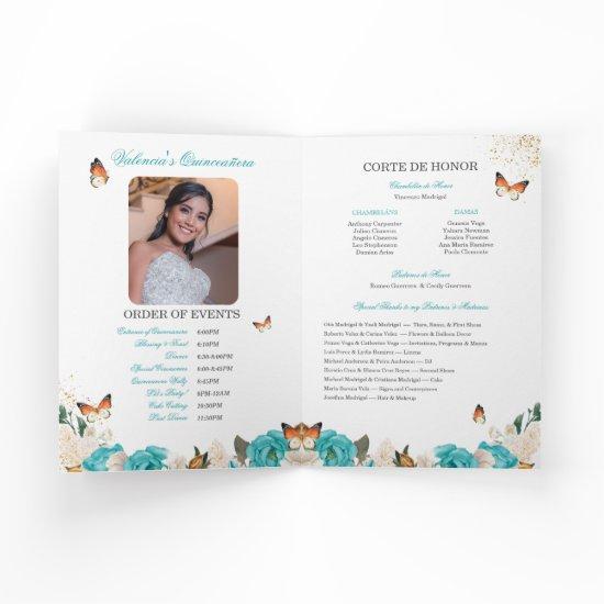 Turquoise Roses Gold Tiara Butterfly Quinceanera Program