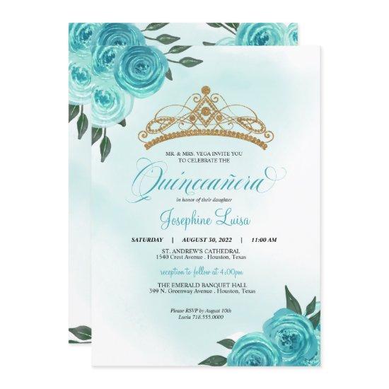 Turquoise Roses Golden Tiara Quinceañera Birthday