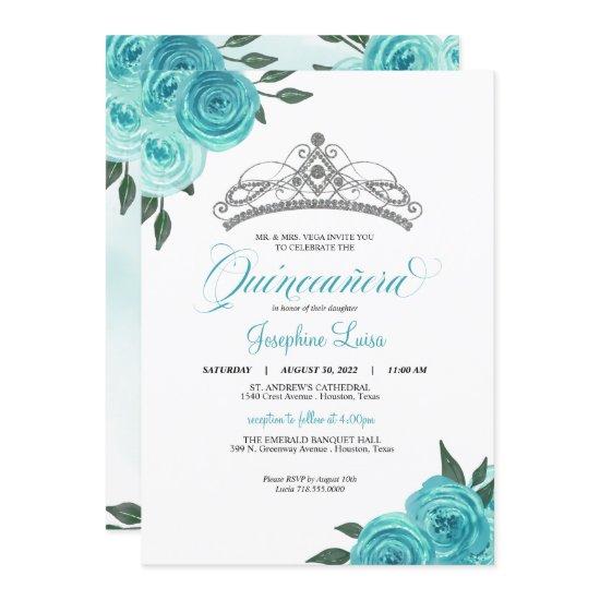 Turquoise Roses Silver Tiara Quinceañera Birthday