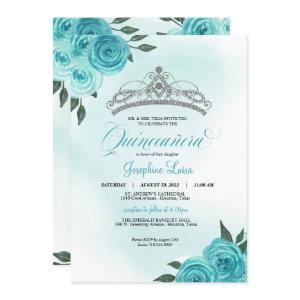 Turquoise Roses Silver Tiara Quinceañera Birthday