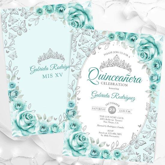 Turquoise Silver Floral Quinceanera