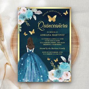 Turquoise Teal Floral Butterfly Gold Quinceanera