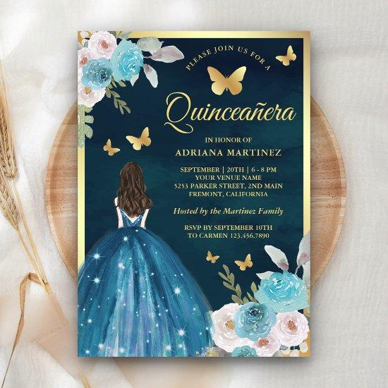 Turquoise Teal Floral Butterfly Gold Quinceanera
