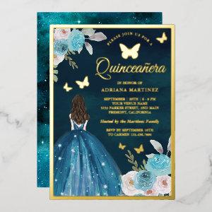 Turquoise Teal Floral Butterfly Quinceanera Gold Foil