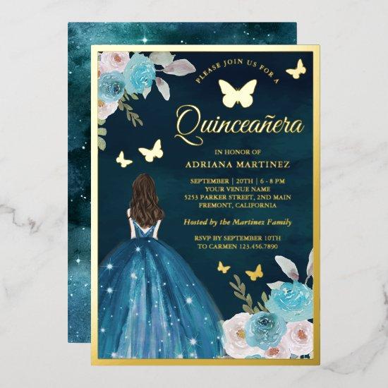 Turquoise Teal Floral Butterfly Quinceanera Gold Foil
