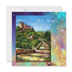 TUSCANY LANDSCAPE, blue green gold sparkles