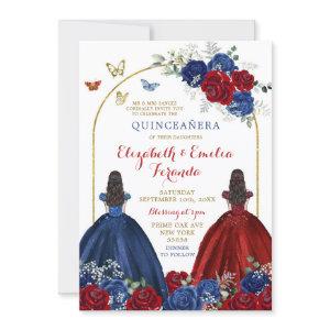 Twin Navy Blue Red Rose Princesses Quinceañera