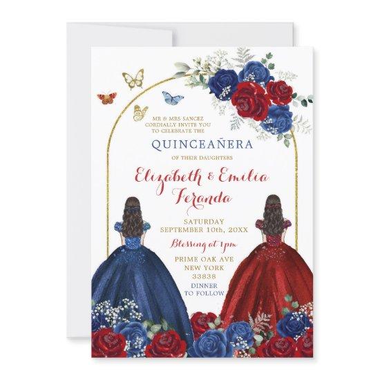 Twin Navy Blue Red Rose Princesses Quinceañera