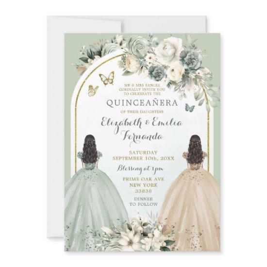 Twin Sage Green and Ivory Quinceañera Princesses