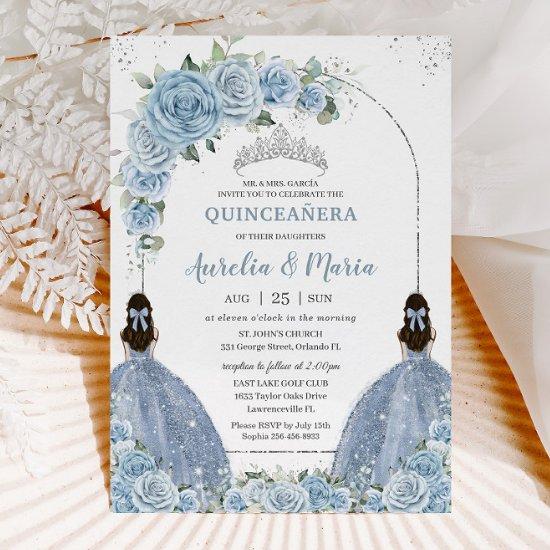 Twins Baby Blue Floral Dress Silver Quinceañera