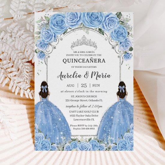 Twins Bahama Sky Blue Floral Silver Quinceañera