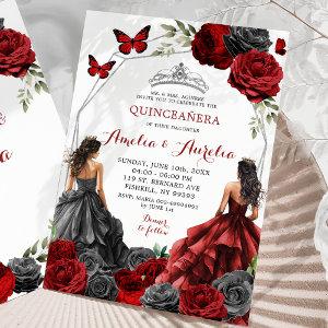 Twins Black and Red Burgundy Floral Quinceañera