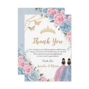Twins Quinceañera Baby Blue Pink Floral Princesses Thank You Card