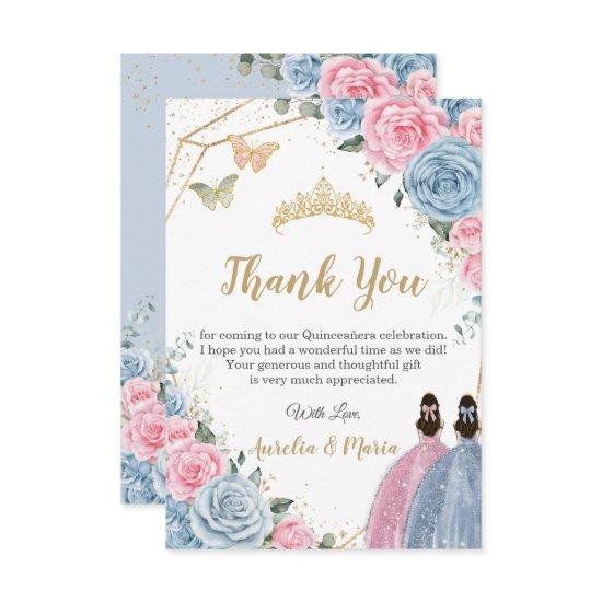 Twins Quinceañera Baby Blue Pink Floral Princesses Thank You Card