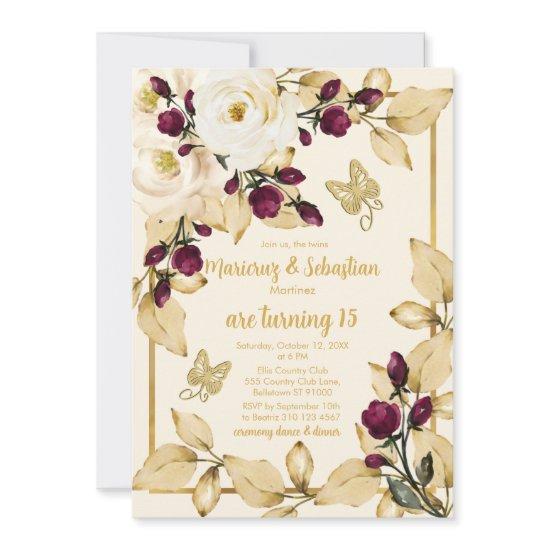 Twins Quinceañera Champagne Burgundy and Gold