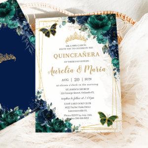 Twins Quinceañera Emerald Green Navy Blue Floral