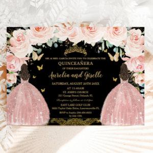 Twins Quinceañera Princess Blush Floral Gold Black