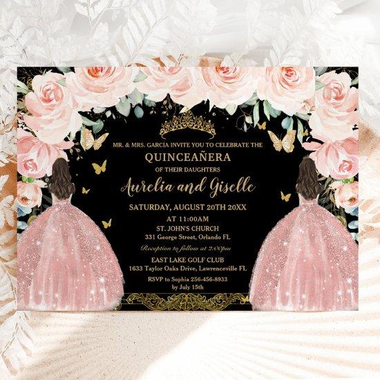 Twins Quinceañera Princess Blush Floral Gold Black