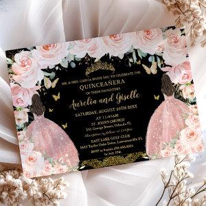 Twins Quinceañera Princess Blush Floral Gold Black