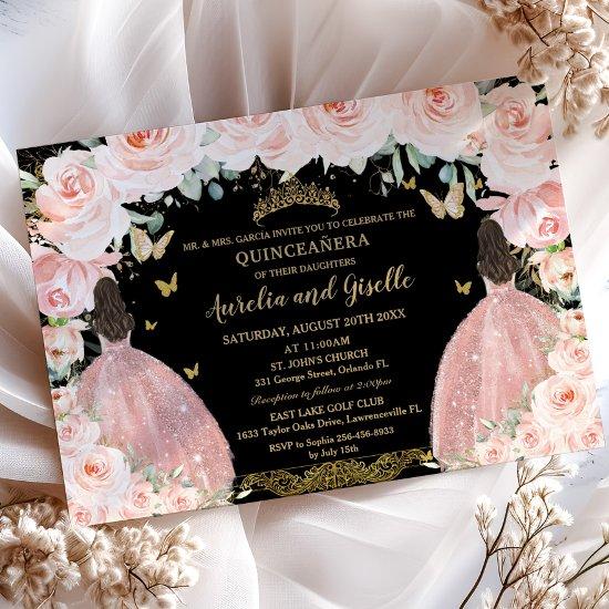 Twins Quinceañera Princess Blush Floral Gold Black