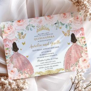 Twins Quinceañera Princesses Blush Floral Gold