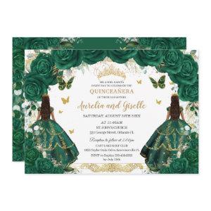 Twins Quinceañera Princesses Emerald Green Floral