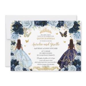 Twins Quinceañera Princesses Navy Baby Blue Floral