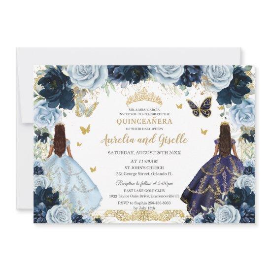 Twins Quinceañera Princesses Navy Baby Blue Floral
