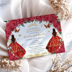 Twins Quinceañera Princesses Red Roses Floral Gold
