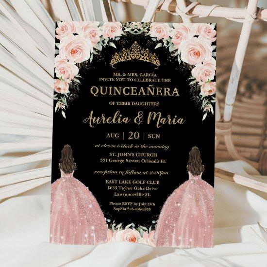 Twins Quinceañera Soft Blush Floral Roses Flowers