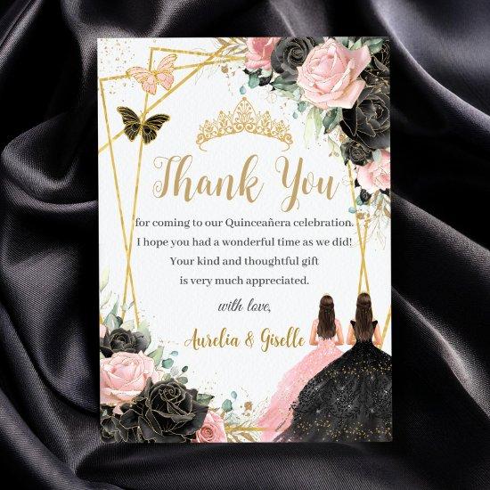 Twins Quinceañera Sweet 16 Black Pink Floral Thank You Card