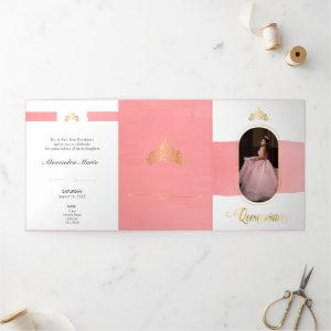 Two Photo Gold and Rose Pink Quinceanera Tri-Fold