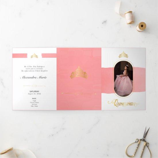 Two Photo Gold and Rose Pink Quinceanera Tri-Fold