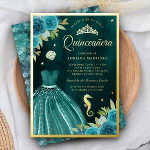 Under the Sea Dark Teal Mermaid Quinceanera Gold Foil