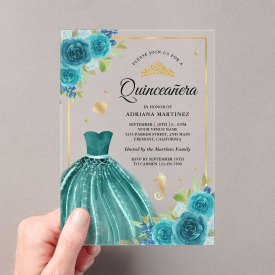 Under the Sea Teal Dress Mermaid Gold Quinceanera Acrylic