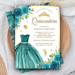 Under the Sea Teal Dress Mermaid Gold Quinceanera