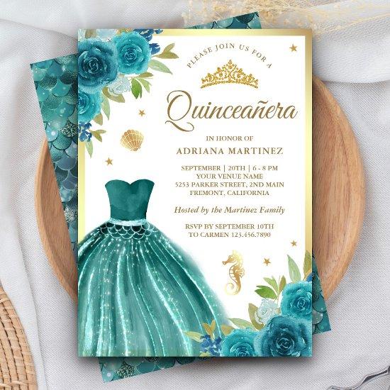Under the Sea Teal Dress Mermaid Gold Quinceanera