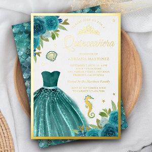 Under the Sea Teal Dress Mermaid Quinceanera Gold Foil