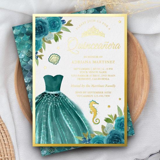 Under the Sea Teal Dress Mermaid Quinceanera Gold Foil
