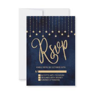 Under the Stars Navy Blue Gold Sparkle RSVP Card
