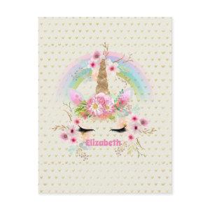 Unicorn Pink Gold Glitter Look Named Girls Floral Postcard