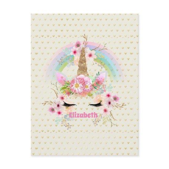 Unicorn Pink Gold Glitter Look Named Girls Floral Postcard