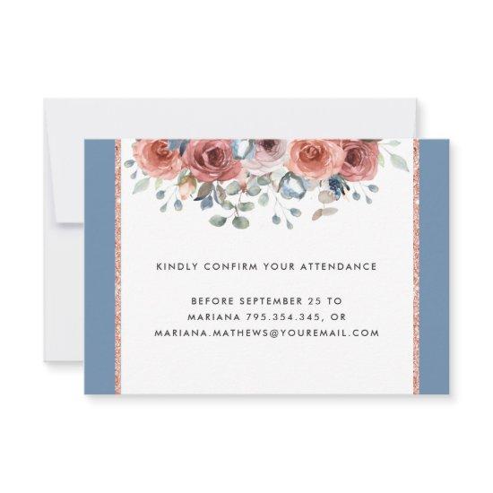 Unique Dusty Blue and Blush Floral RSVP Card