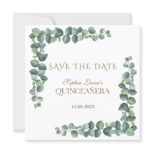 Unique Eucalyptus Foliage Gold Quinceañera Save The Date