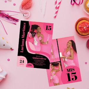 Unique Geometric Pink Black Four Photo Quinceañera