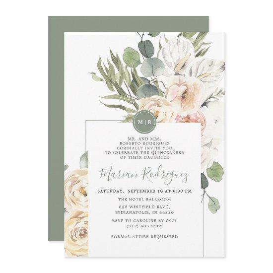 Unique Gree Floral Eucalyptus Monogram Quinceañera
