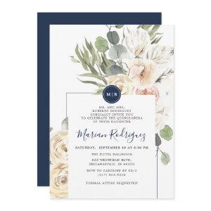 Unique Navy Floral Eucalyptus Monogram Quinceañera