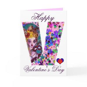 VALENTINE VENETIAN MASQUERADE MONOGRAM V LETTER HOLIDAY CARD
