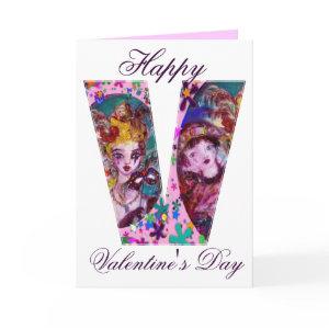VALENTINE VENETIAN MASQUERADE MONOGRAM V LETTER HOLIDAY CARD